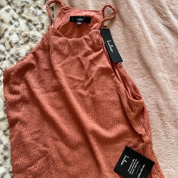 NWT Lulus Break the Rules Rusty Rose Ruched Asymmetrical Midi Dress (L) - Picture 7 of 9